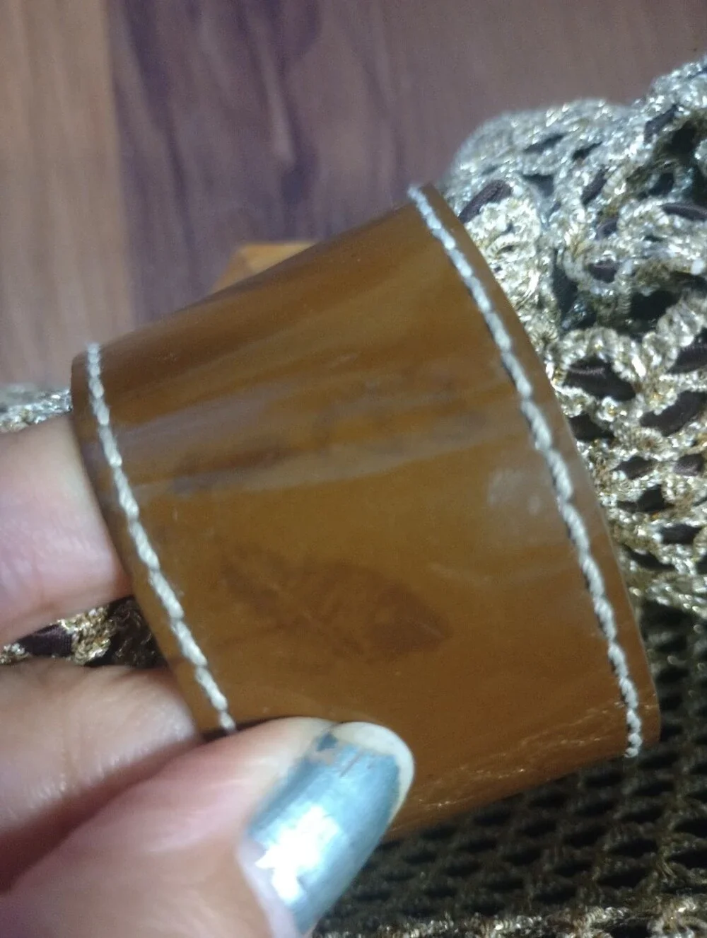 Kate Spade Wooden Handle Metallic Gold Mesh Hand Bag